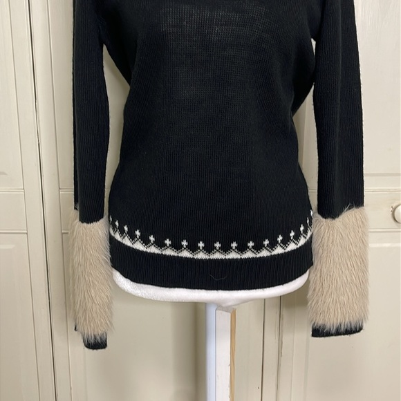 Neiman Marcus Womens Faux Fur Fair Isle Cable-Knit Sweater Black Size Small - Picture 3 of 12
